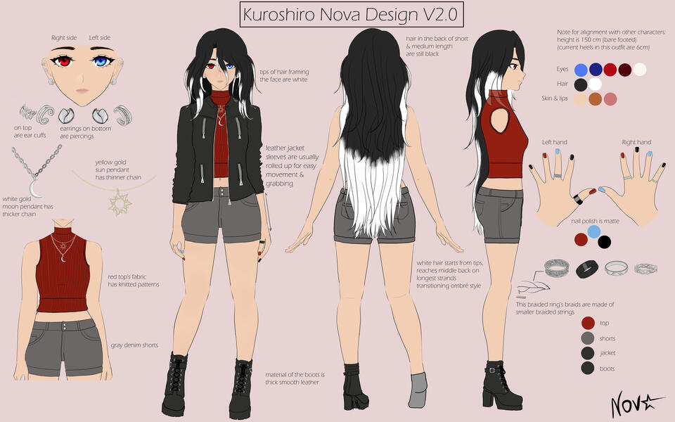 Reference sheet for Kuroshiro Nova. Nova is a petite young looking woman with heterochromatic eyes (red right, blue left), long black hair with white tips, and warm pale skin. She wears a black leather jacket, red sleeveless knit top, gray denim shorts and